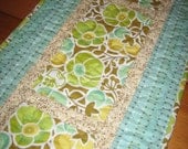 Quilted Table Runner Woodblock Aqua Green and Tan