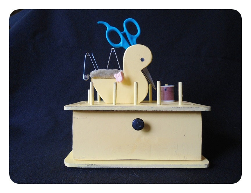 Retro Duck Sewing Box with Drawer and Pin Cushion - Wood Wooden Duckie - Thread Spool Holder