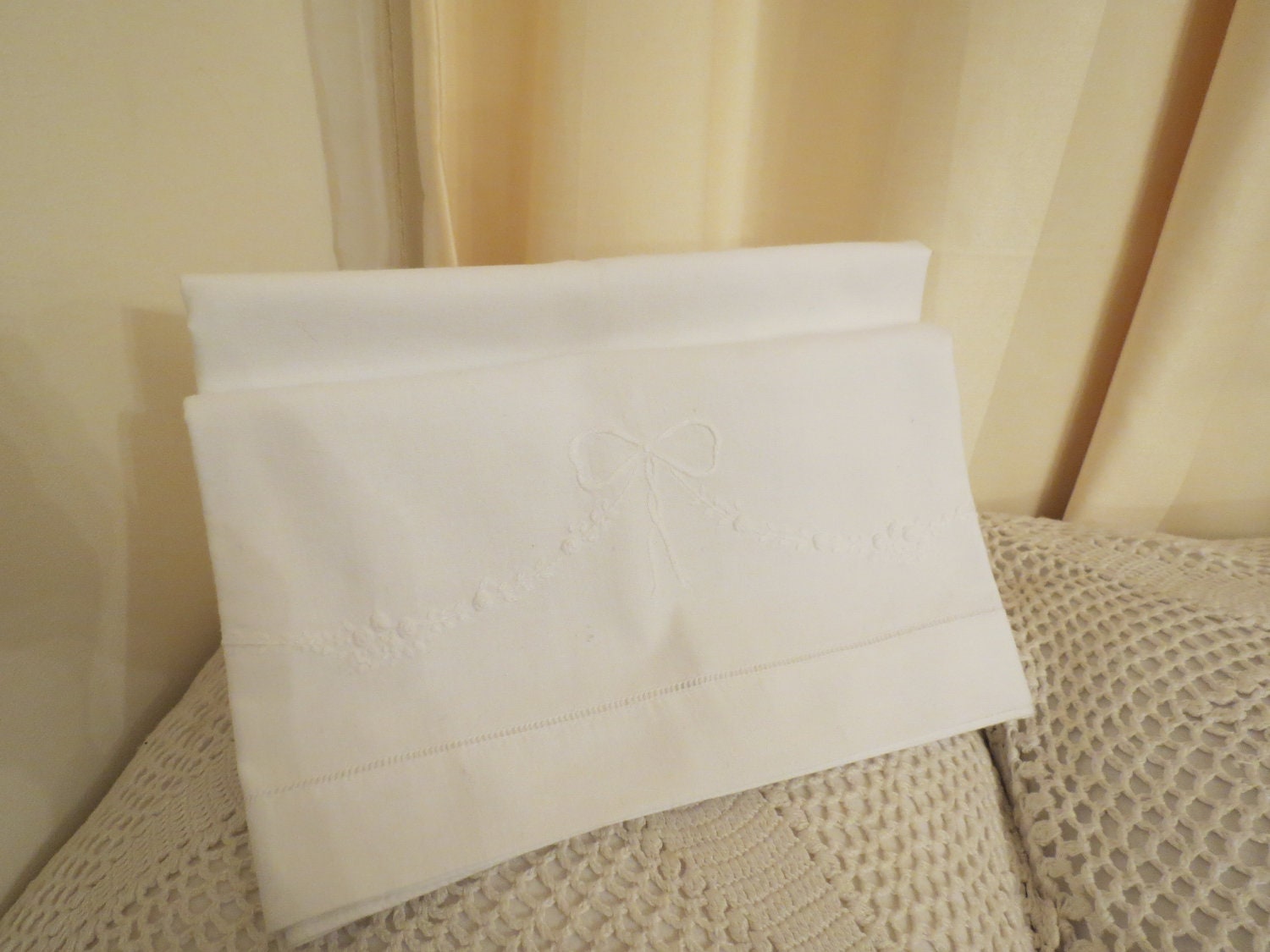 Vintage 50s Handmade Embroidered Baby Cot White Cotton Bed Sheet