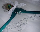 Personalized Bridal hanger METALLIC TEAL PEACOCK Wire name hanger,Last name hanger,Wedding dress hanger,Custom hanger,Bride coat hanger