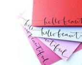 Hello Beautiful Folded Cards - Set of Four Handwritten Cards Black Calligraphy Script
