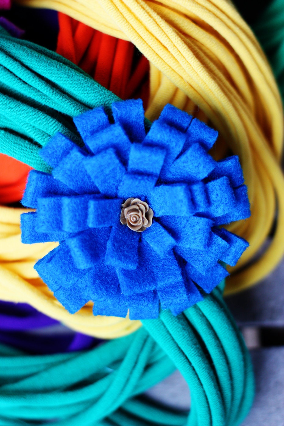 Infinity Scarf Necklace with Felt Rosette Brooch - Green with Bright Blue Rosette Khaki Center