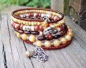Honey and Spice - Beaded Memory Wire Bracelet with Charmed ends
