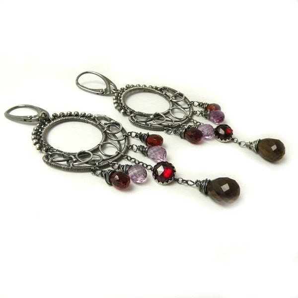 Wire wrap jewelry , silver dangle earring , gemstone fine jewelry , sterling metalwork earring , chandelier wire wrapped earring