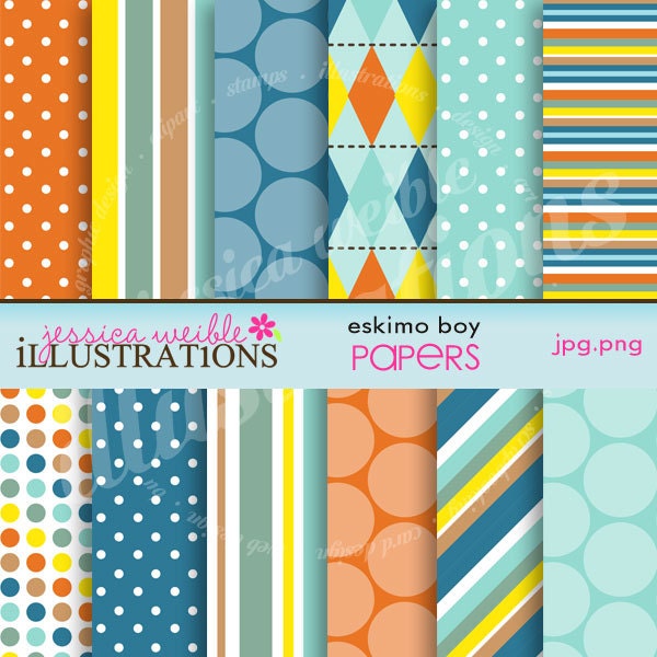 Eskimo Boy Cute Digital Papers for Card Design, Scrapbooking, and Web Design Il_570xn