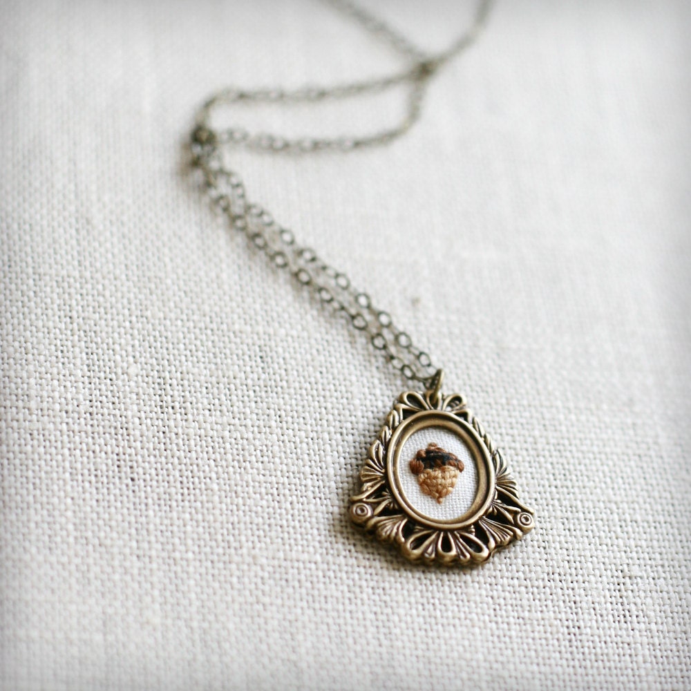 A is for Acorn- hand embroidered necklace, woodland, dainty