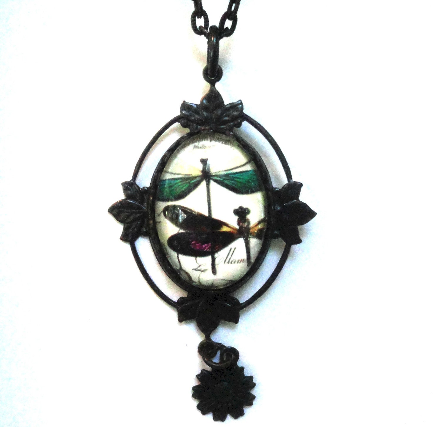 Dragonfly Necklace - Victorian Style - Dragonfly Jewelry - Dark Metal, Flying Insects