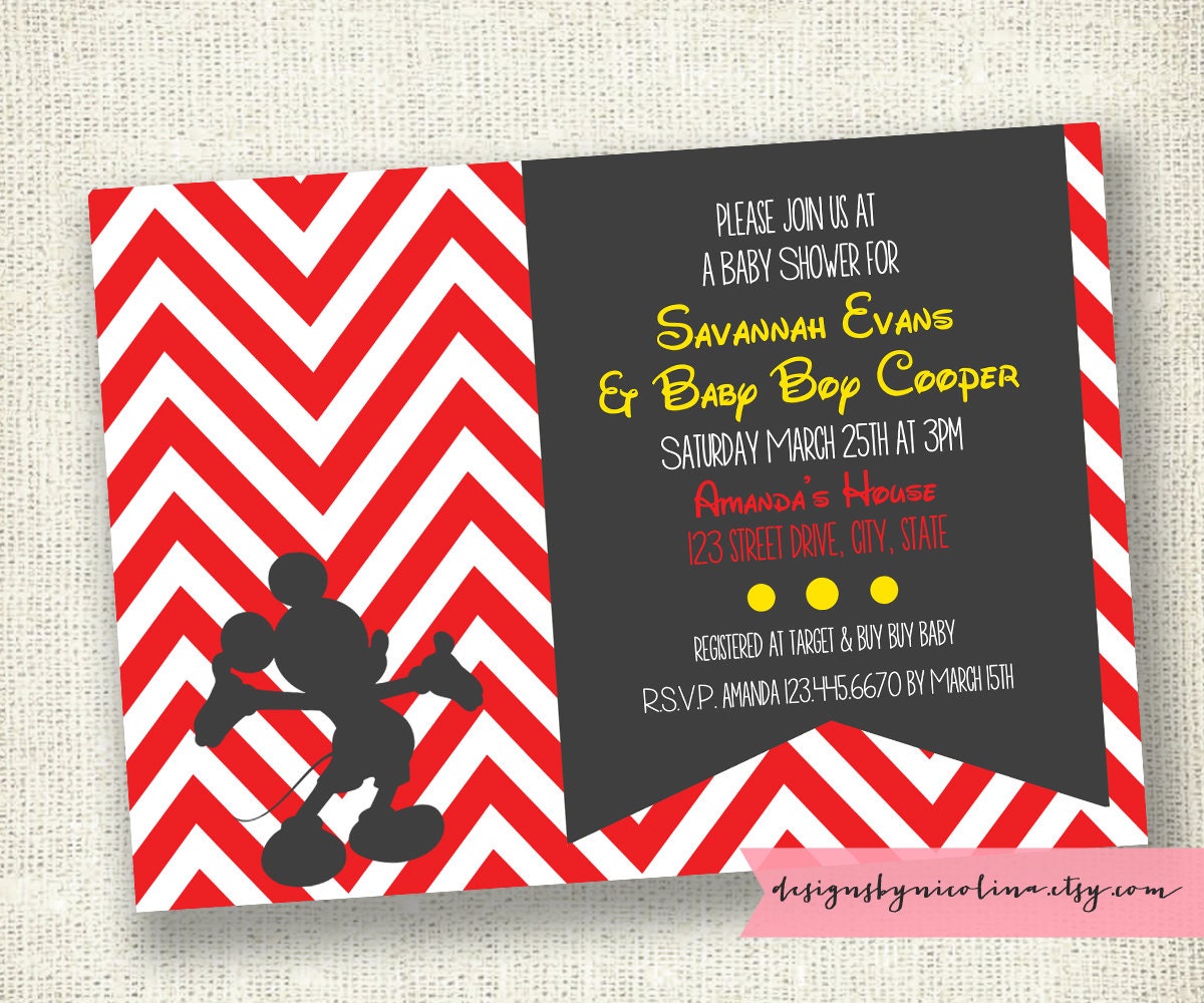 Modern Chevron Mickey Mouse Baby Shower or Kids Party - PRINTABLE Invitations