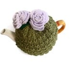 tea cosy cosie hand knitted green base and lilac crochet roses
