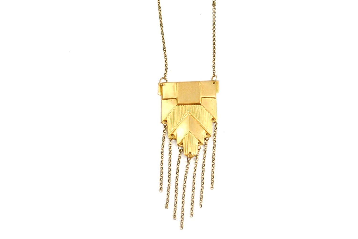 Art Deco Brass Shield and Chain Drop Necklace Long 1A26