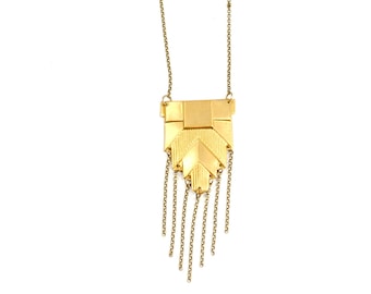 Art Deco Brass Shield and Chain Drop Necklace Long 1A26