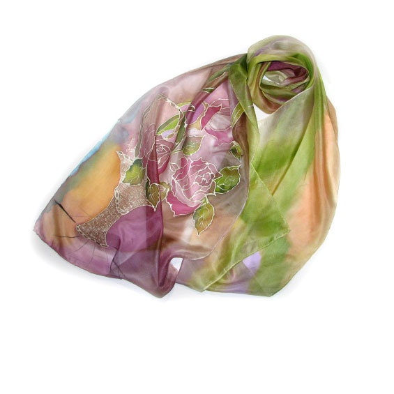 Hand Painted Long Silk Scarf, Magenta Roses in Bascet,  Colorful Background