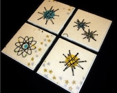Atomic Starburst Coasters - Ceramic Tile & Barkcloth -- Set of 4 -- approx 4" x 4"