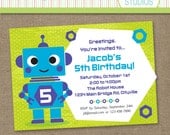 Custom Robot Birthday Purple Blue Green - Printable Personalized Digital Invitation - Personal Use Only