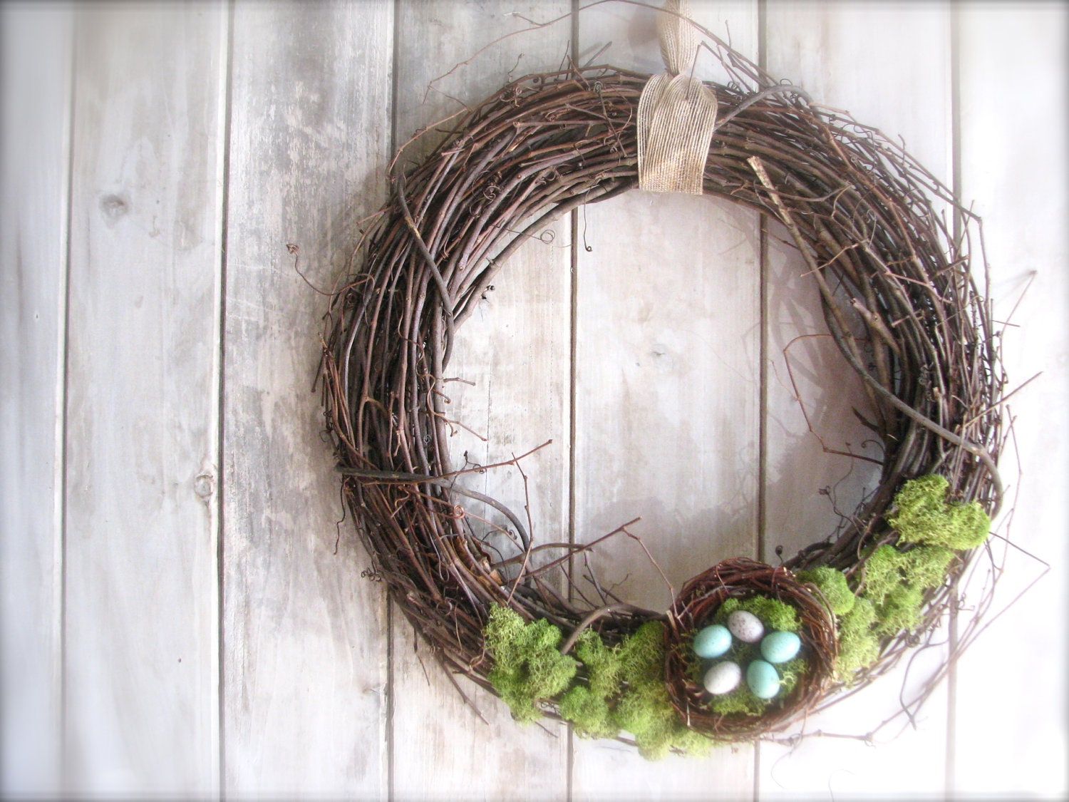 Large Woodland Wreath with Moss, Nest, and Eggs, Cottage Chic