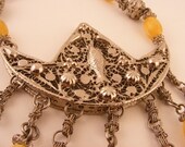 Vintage Necklace Silver Filigree Boat with Fish Yellow Beads Asian