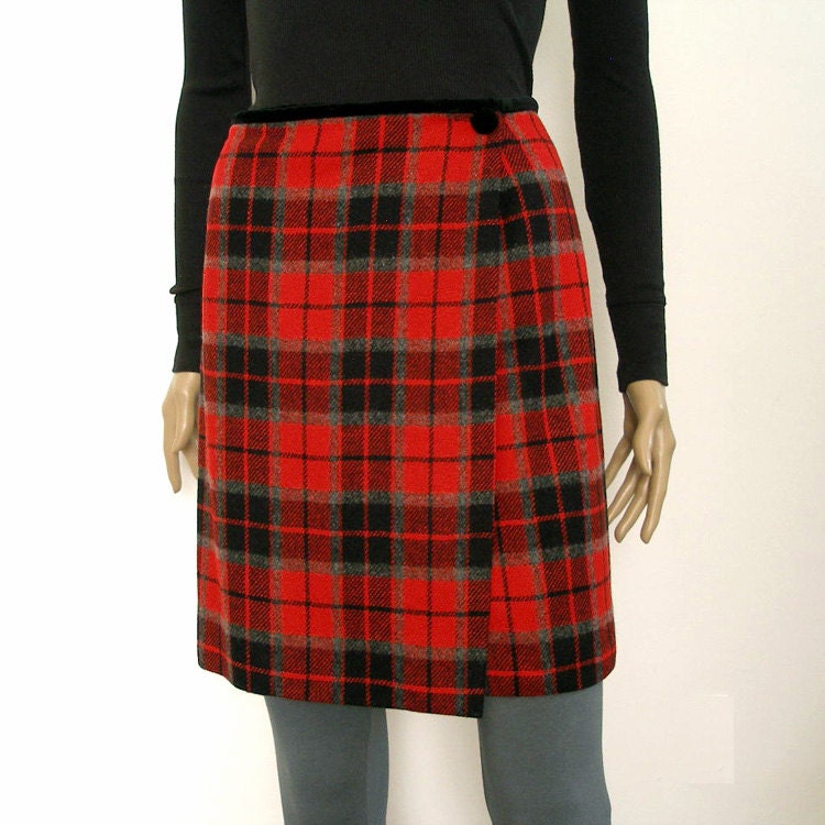 1980s Mini Skirt / 80s Red Plaid Wrap Wool Mini Skirt / Large XL