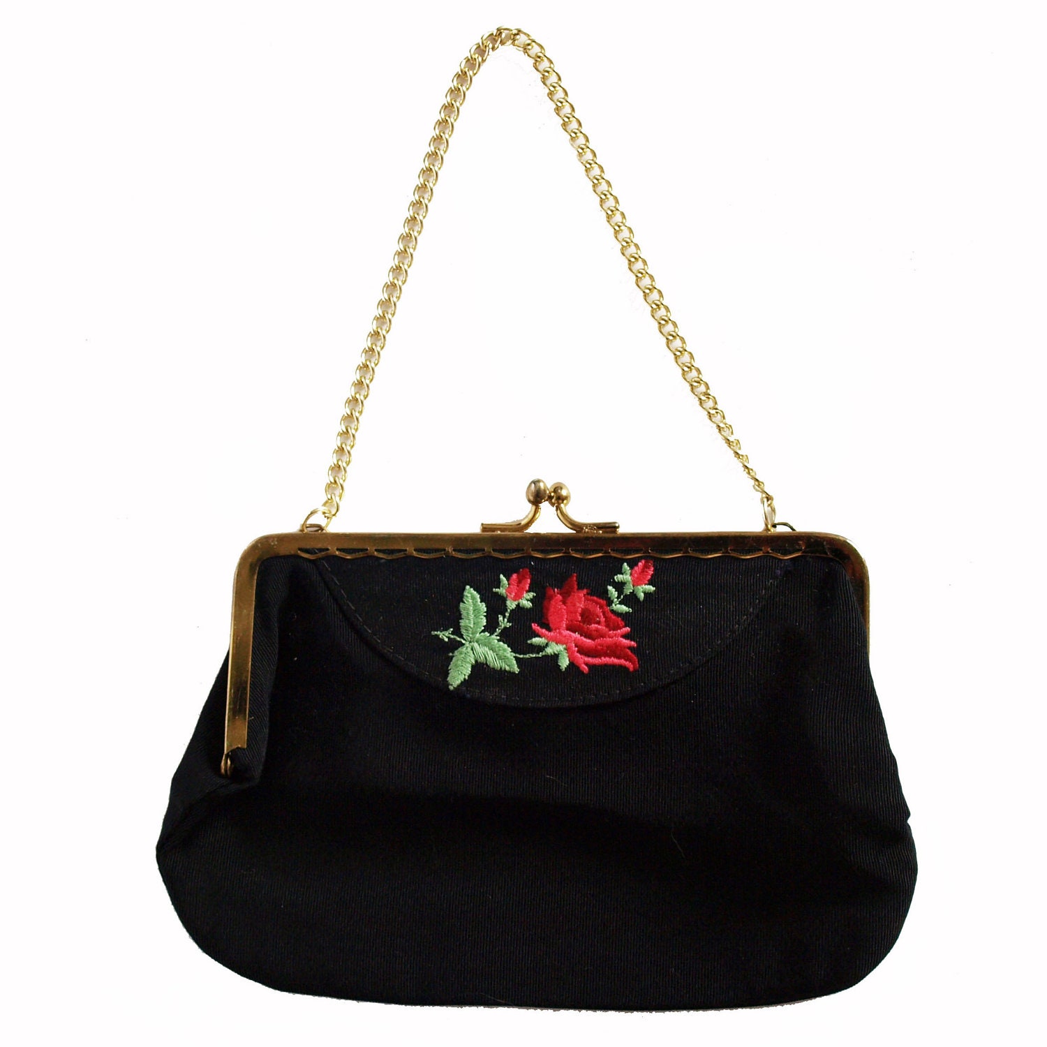Vintage 50s embroidered pink rose on black grosgrain evening purse with gold chain