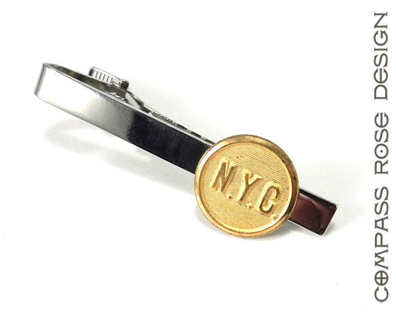 Men's Steampunk Industrial Tie Clip - Antique NYC Railroad Button - Gold Brass on Silver