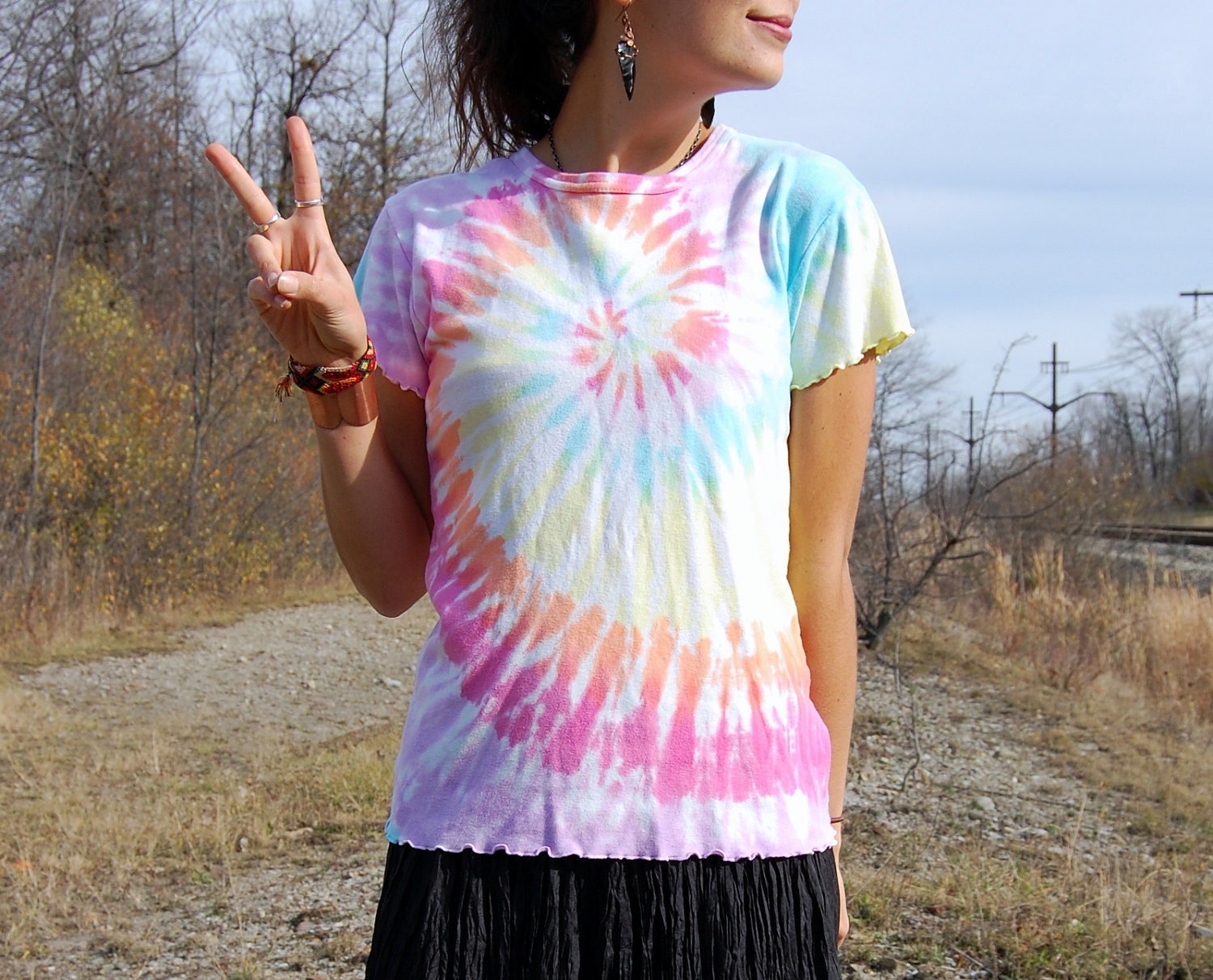 Vintage 90s Pastel Tie Dye Swirl Shirt with Ruffled Trim Medium Cotton
