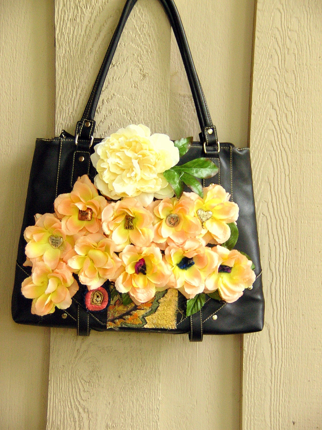 Large Black Embellished Purse Handbag Bag Romantic Garden