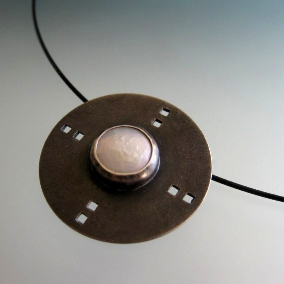 Handmade Geometric Round & Square Circle Pendant Necklace with White Pearl and Darkened Black Sterling Silver Contemporary Modern