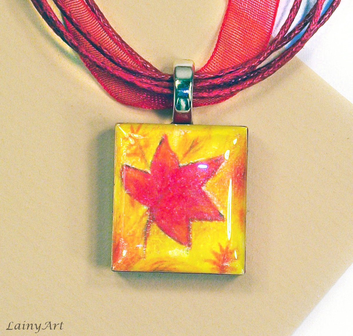 Scrabble Pendant - With Organza - Fall Leaf - Wearable Art - OOAK - Collectable - Autumn, Harvest - 84