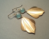 Mint aqua chalcedony aquamarine glass and Art Deco brass fan leaf dangle earrings.  Bridal earrings.  Wedding earrings.