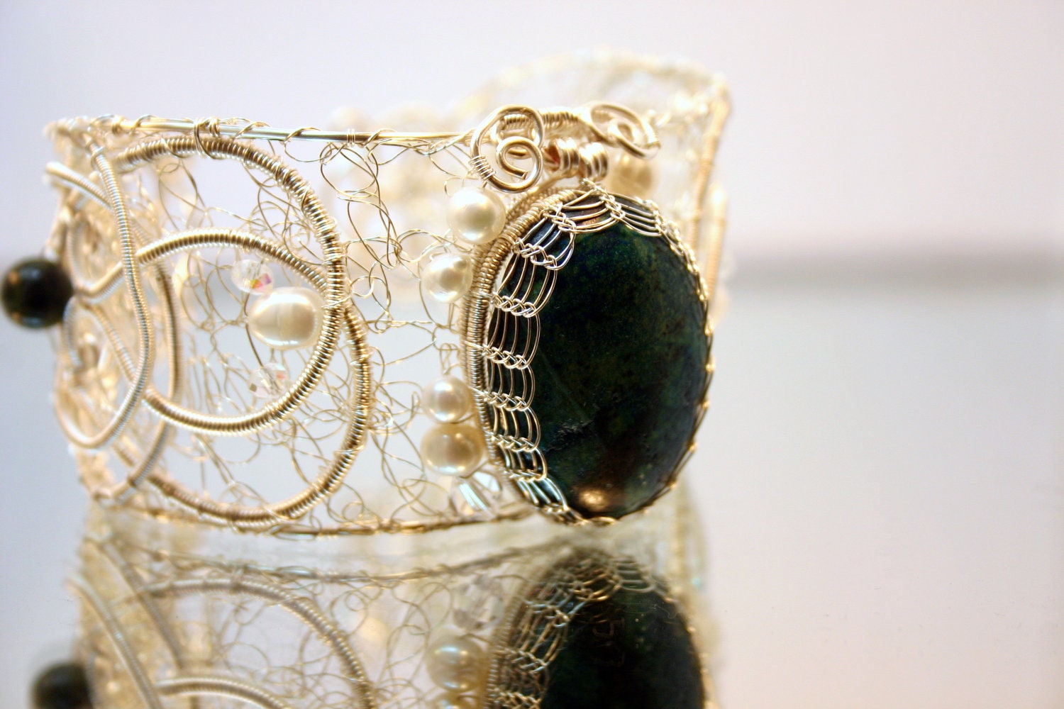 Azurite-Malachite Gemstone Locket Bracelet with Pearls, Crystals, and Celtic Knots - OOAK