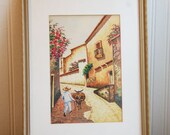 Vintage Mexico Folk Art Painting watercolor Beautiful rich colors stone ally with mule and man framed Gold, Cinco De Mayo Decor