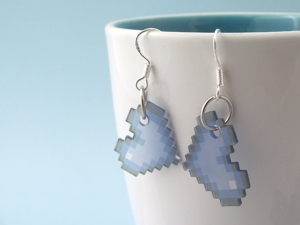 Pixelated Blue Heart Earrings (with sterling silver hooks)