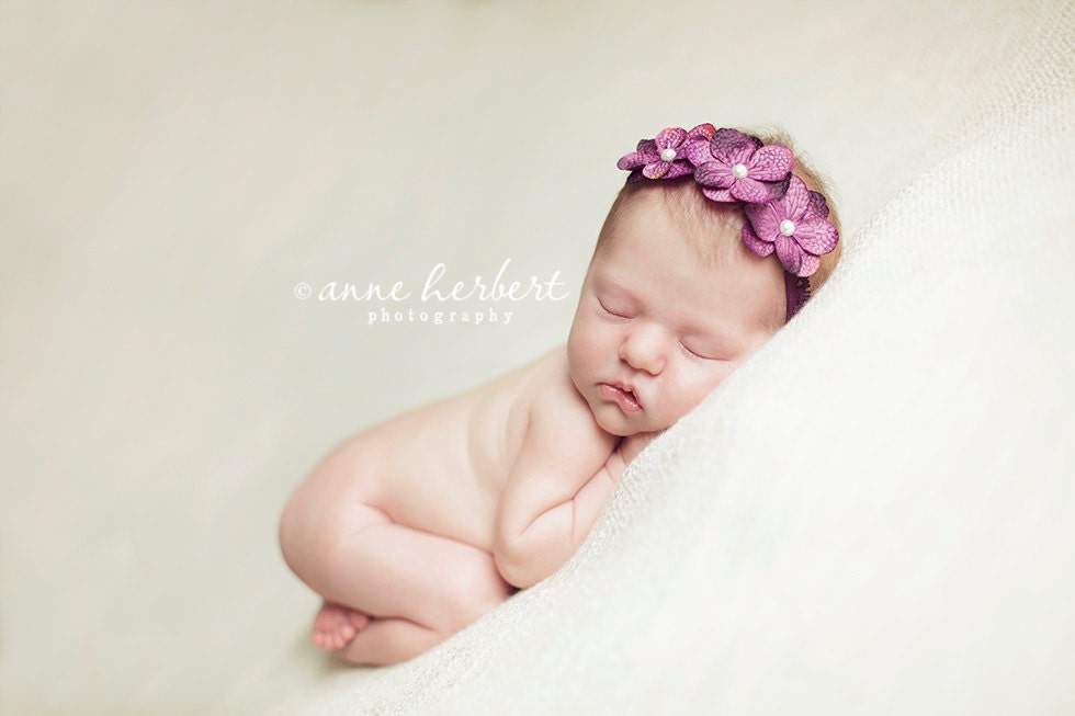 Beautiful Emma Headband Purple Hydrangeas Flowers with Pearl Center. Baby Girl Flower Headband. Newborn Girl Prop.
