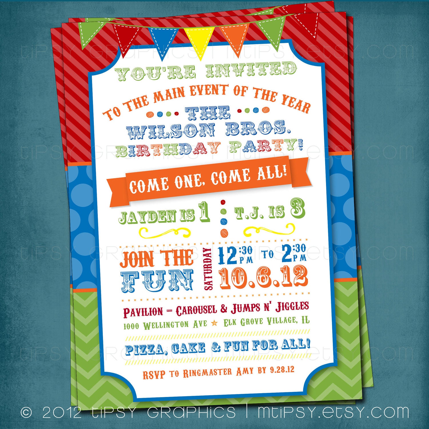 Step Right Up. Colorful Circus Ticket Birthday, Shower or Party Invite by Tipsy Graphics. Any colors and text. Il_570xn