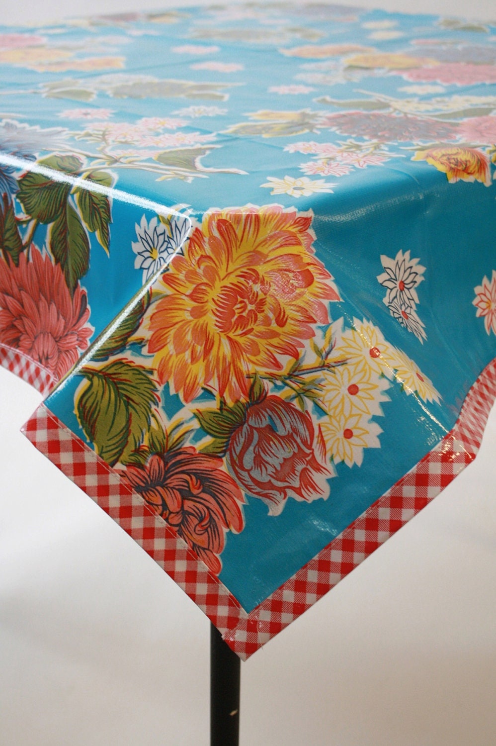48x84 Mum Light Blue with Red Gingham Trim Oilcloth Tablecloth