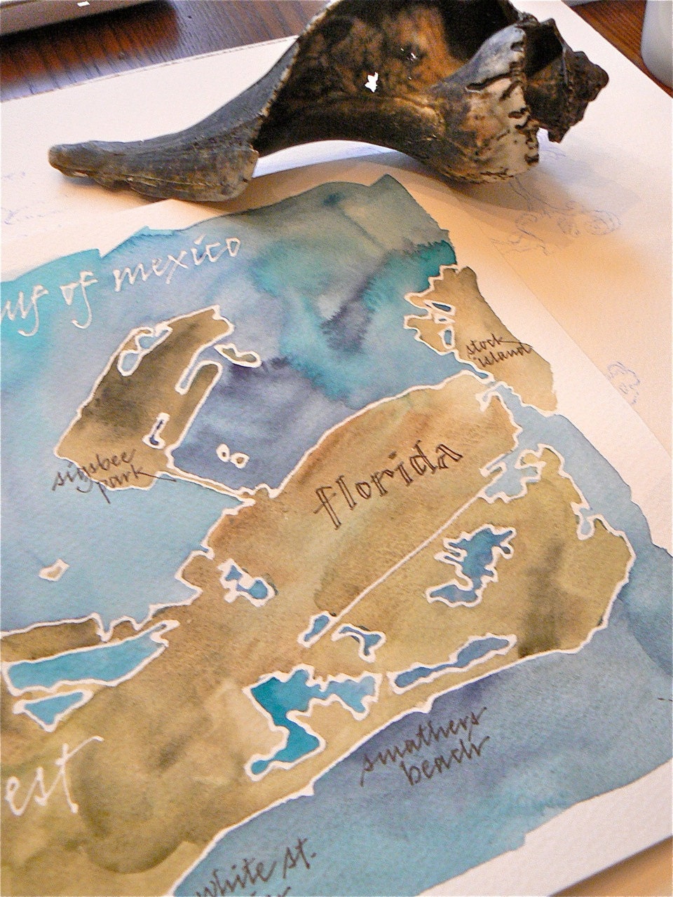 Key West, Florida map, original signed watercolor 9x12 painting