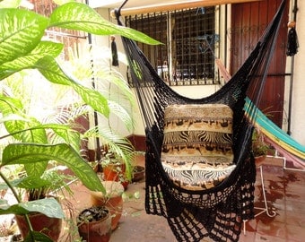 Black Sitting Hammock, Hanging Chair Natural Cotton and Wood plus Traingle Fringe