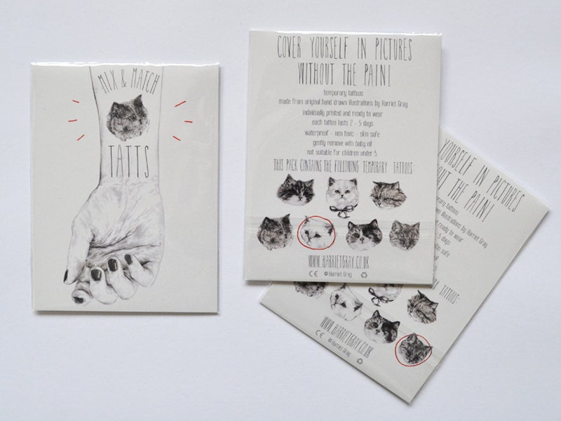 cat temporary tattoo - ONE - single fake cat tatt - 7designs to choose from - realistic tattoo - mix and match - cattoos