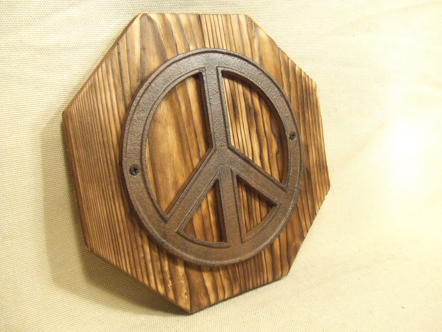 Rustic Cast Iron Hippie peace sign. Sign  -- lodge cabin decor -- reclaimed western cedar