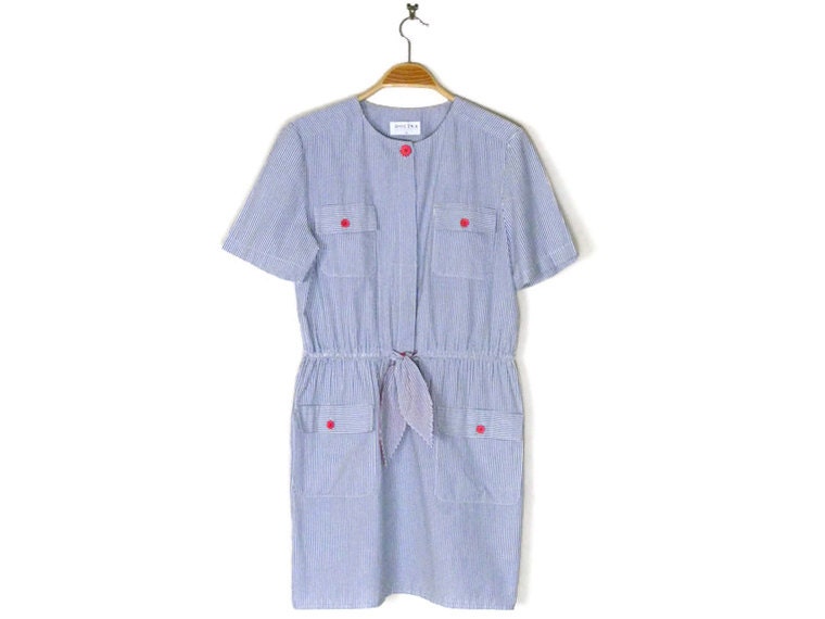 80s Seersucker Pocket Front Mini Dress Sz m