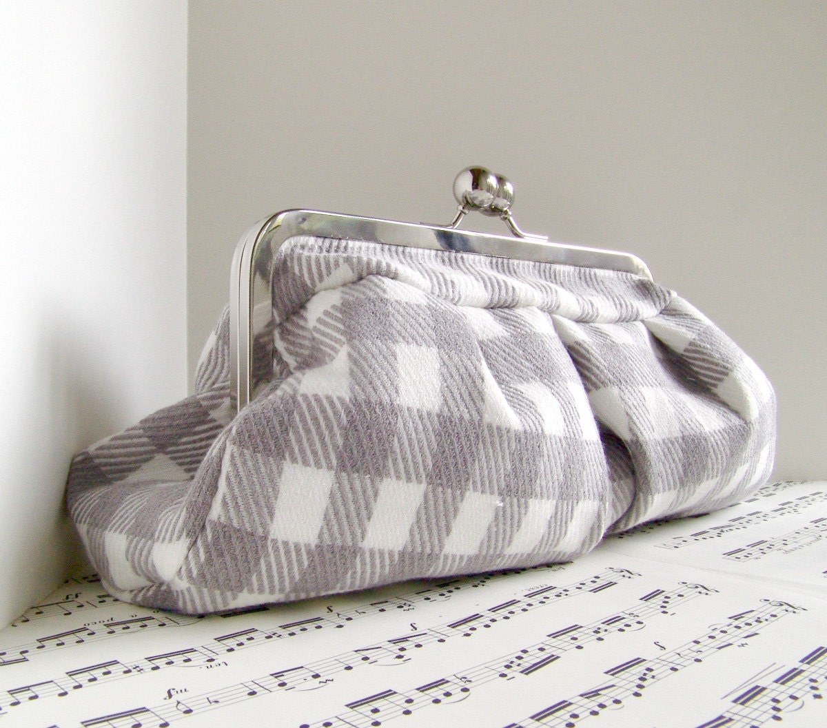 Gray and white checked framed clutch bag, Fall fashion, OOAK
