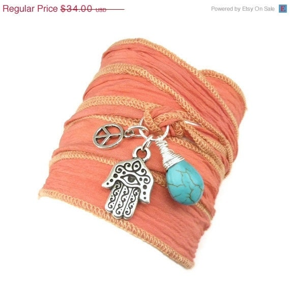 Celebrity Silk Ribbon Bracelet with Hamsa, Peace Sign, and Turquoise, yoga jewelry, wrapped wrapping bracelet, wrap around,wrist wrap