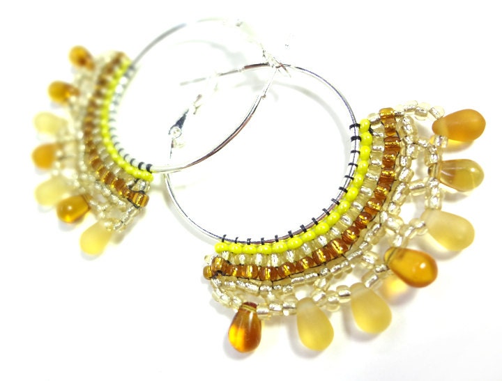 Autumn Yellow Hoop Earrings - MegansBeadedDesigns