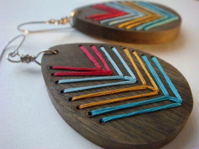 ASPEN---- Embroidered Wood Chevron Earrings Grey Wood