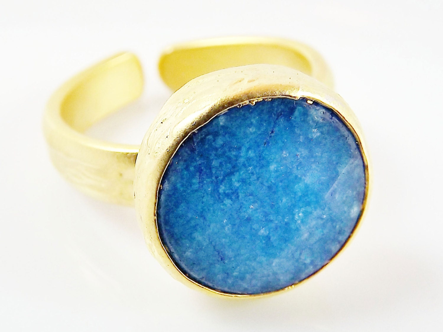 Blue Round Jade Stone Adjustable Cocktail Statement Ring - 22k Matte Gold Plated - 1PC