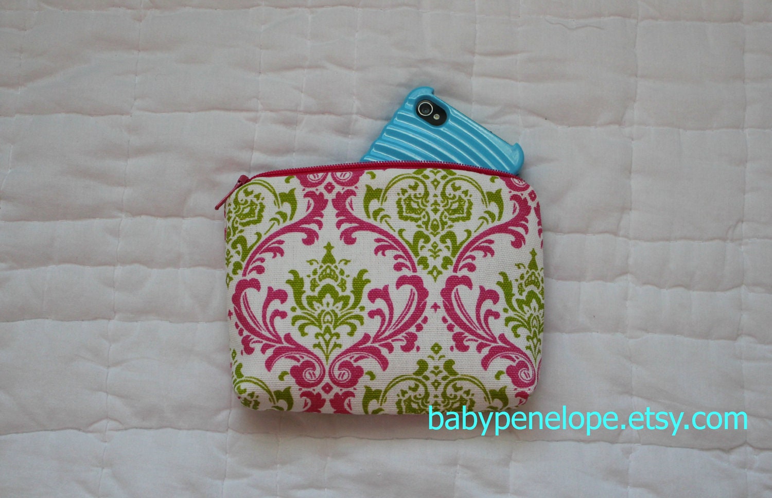 Paded Cosmetic Bag/ Gadget Case - Pink and Green Damask - Ready to Ship