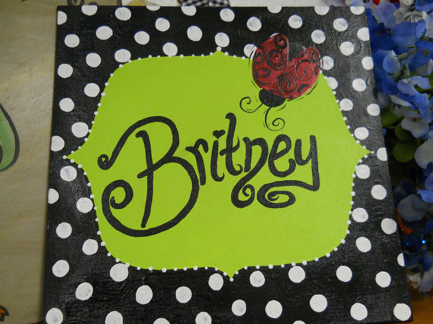 Personalized bow holder for girl's room 12 x 12 canvas with ribbons polka dots and ladybug