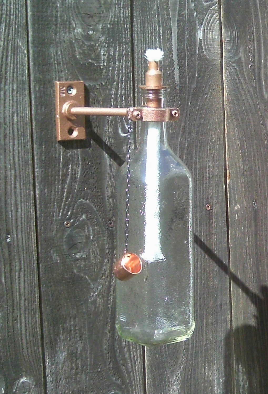 Recycled bottle Tiki torches ( set of 2 ) clear square bottles with copper hardware