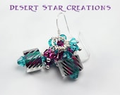 Teal and Amethyst Cane Glass Cluster Earrings