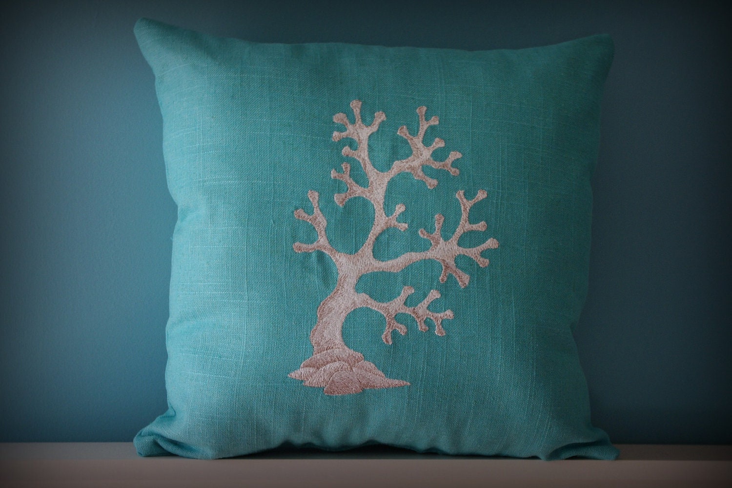 Beach Decor Aqua Blue, Throw Pillow, Linen Coral Embroidered 16x16 Pillow - READY TO SHIP