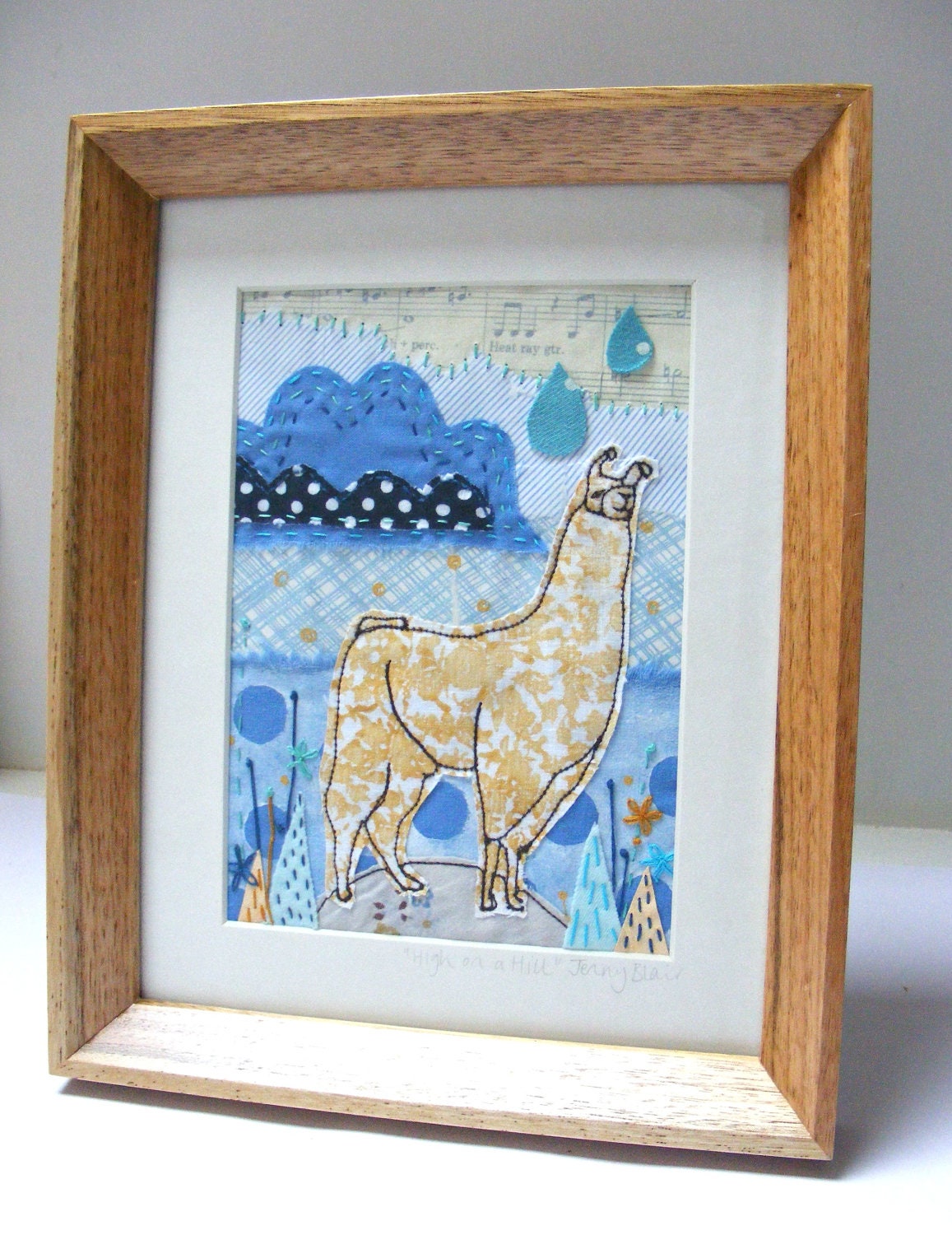Original mixed media - embroidered illustration - Llama - High on a hill - SALE